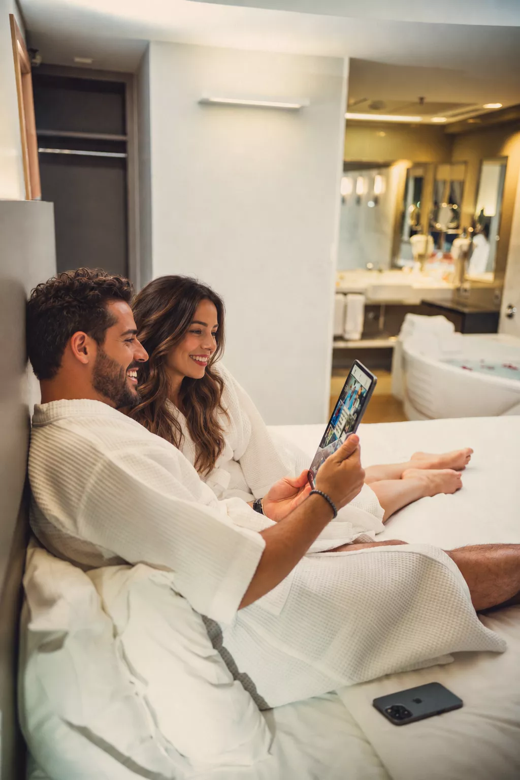 Casal de roupões brancos olhando o tablet