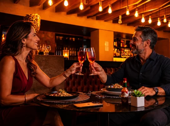 Um casal sorridente brinda com taças de espumante rosé durante um jantar romântico no Clementina Bar e Ristoranti em Uberlândia. À esquerda, uma mulher de vestido vinho sorri olhando para o homem à direita, que veste camisa escura. Eles estão sentados em uma mesa redonda com pratos de alta gastronomia, uma garrafa de molho de pimenta e um pequeno vaso. O fundo do restaurante é aconchegante, com iluminação quente de lâmpadas de filamento penduradas no teto de madeira.